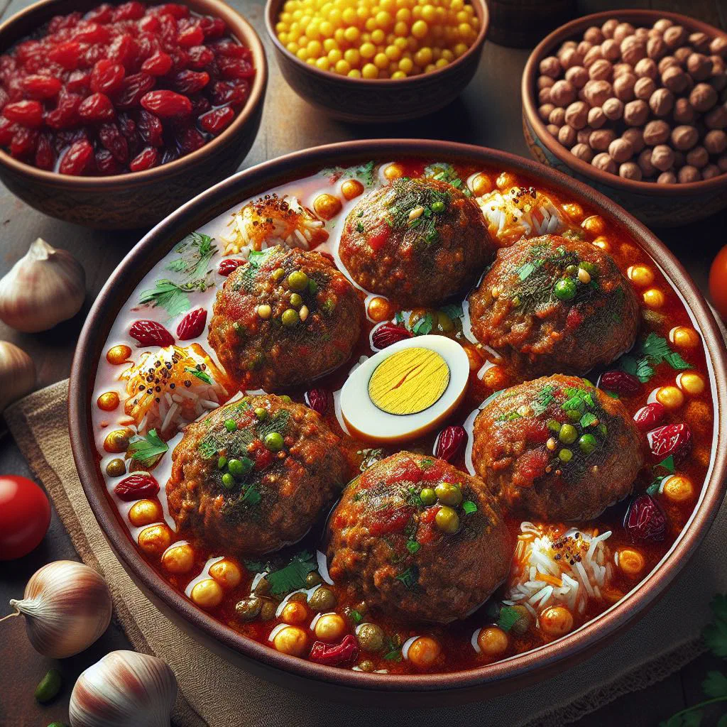 Large stuffed Tabrizi koofteh meatballs in a spiced tomato broth garnished with herbs