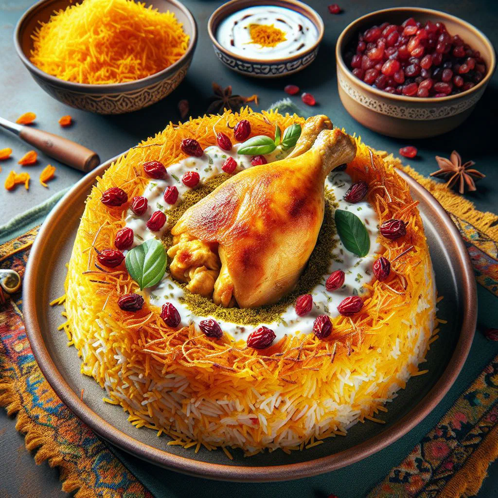 Golden saffron rice cake Tahchin-e Morgh with a crisp crust and chicken filling