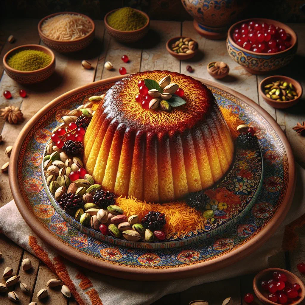 Golden saffron rice cake of tahchin sliced to reveal layers of chicken