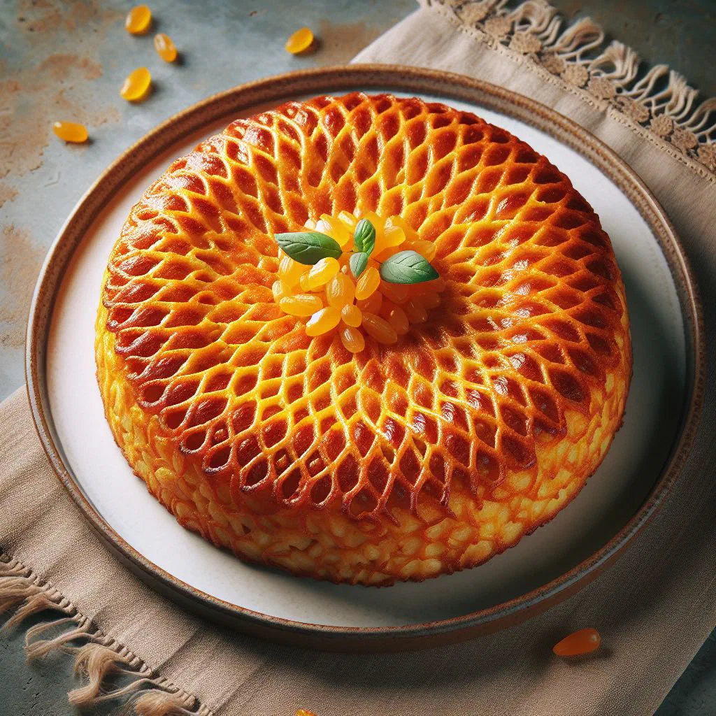 Golden crispy Persian tahdig rice crust turned out onto a serving plate