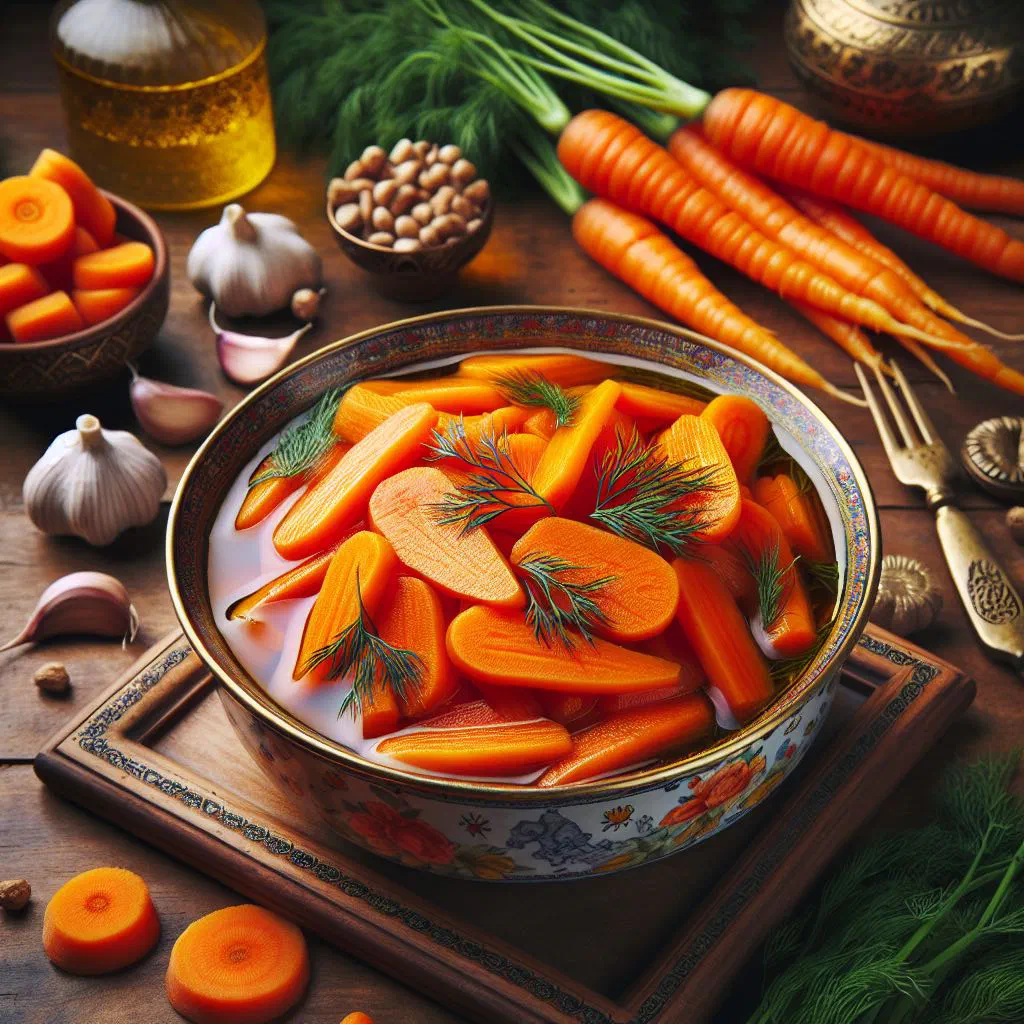 Bowl of tangy grated carrot pickle garnished with fresh herbs