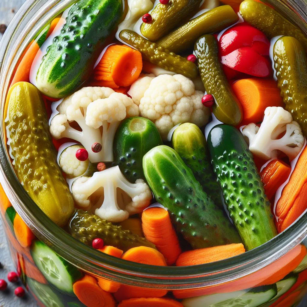 A jar of colourful Iranian torshi pickled vegetables garnished with fresh herbs
