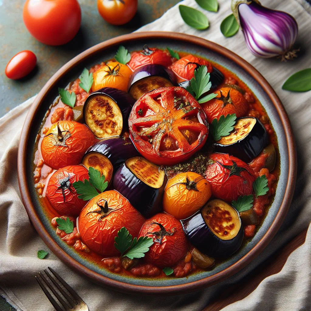 Yatimcheh, a Persian aubergine and tomato stew garnished with fresh herbs