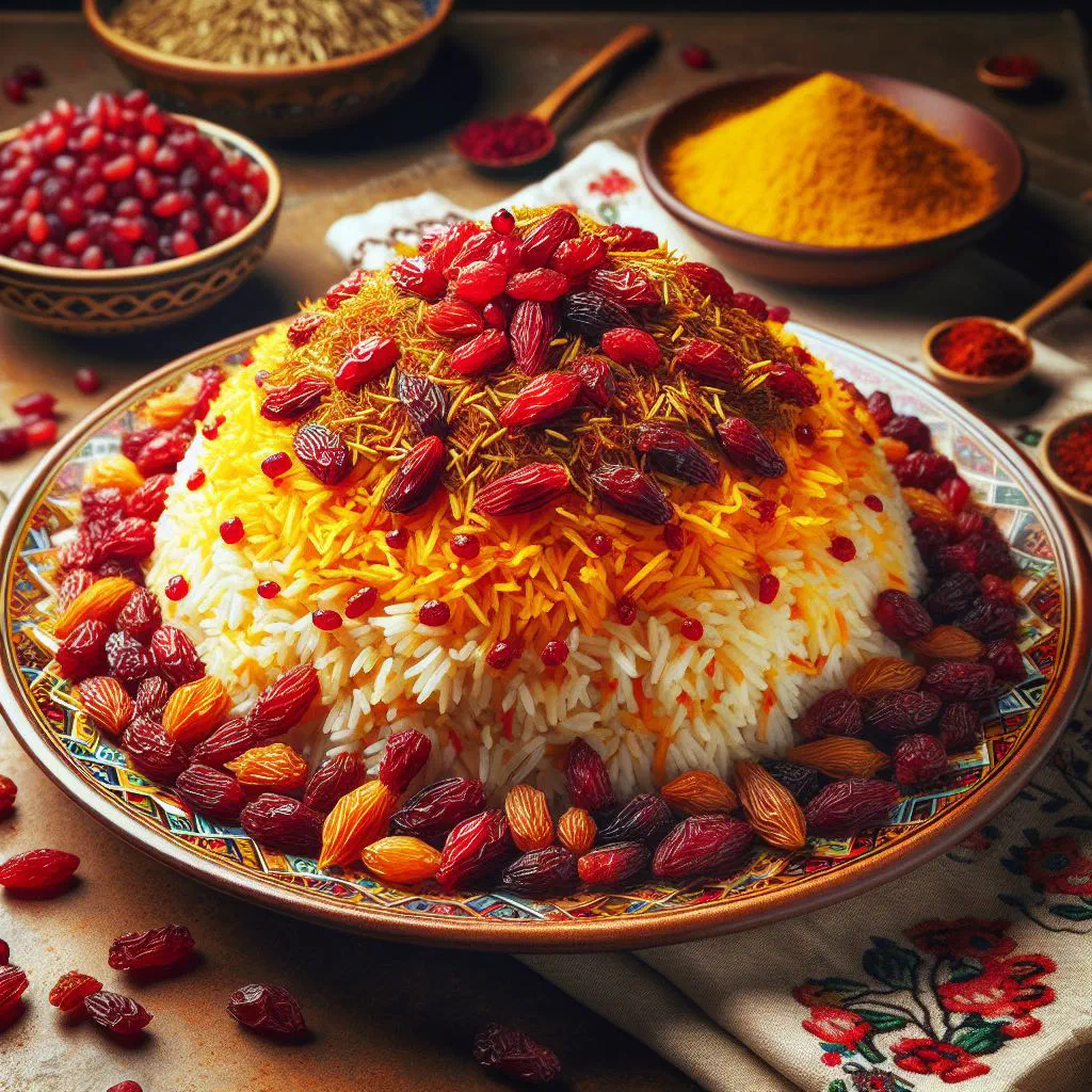 Saffron basmati rice topped with jewel-red barberries and chopped pistachios