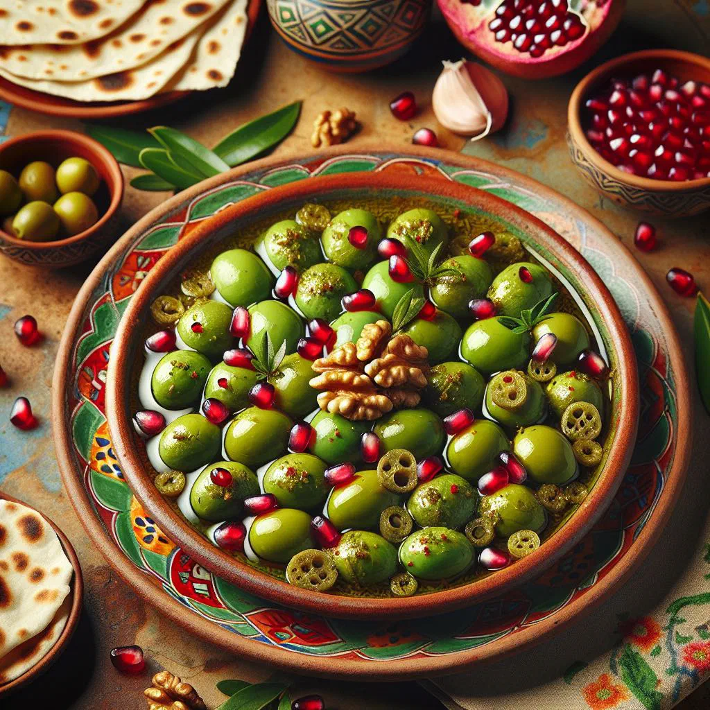 Marinated green olives with crushed walnuts and pomegranate garnished with fresh herbs