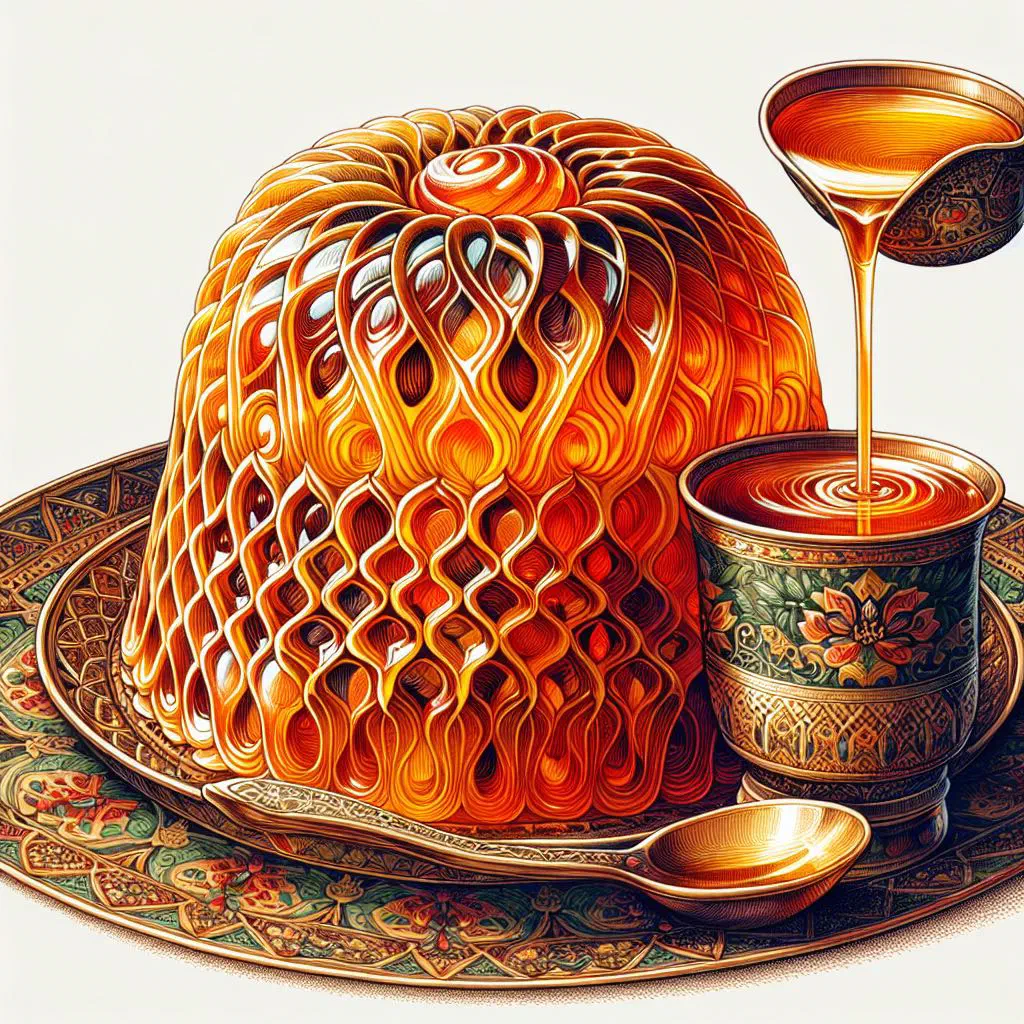 Golden spiral-shaped zoolbia glistening with sugar syrup on a plate