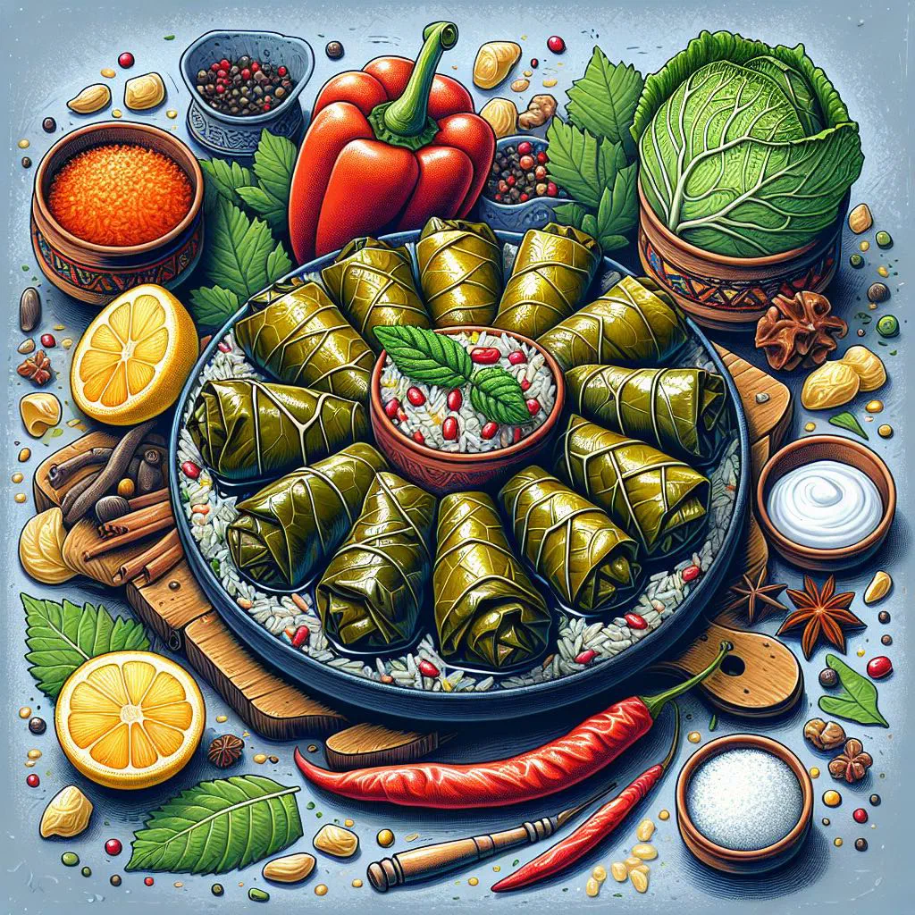 Iraqi dolma of stuffed vine leaves and vegetables garnished with fresh herbs