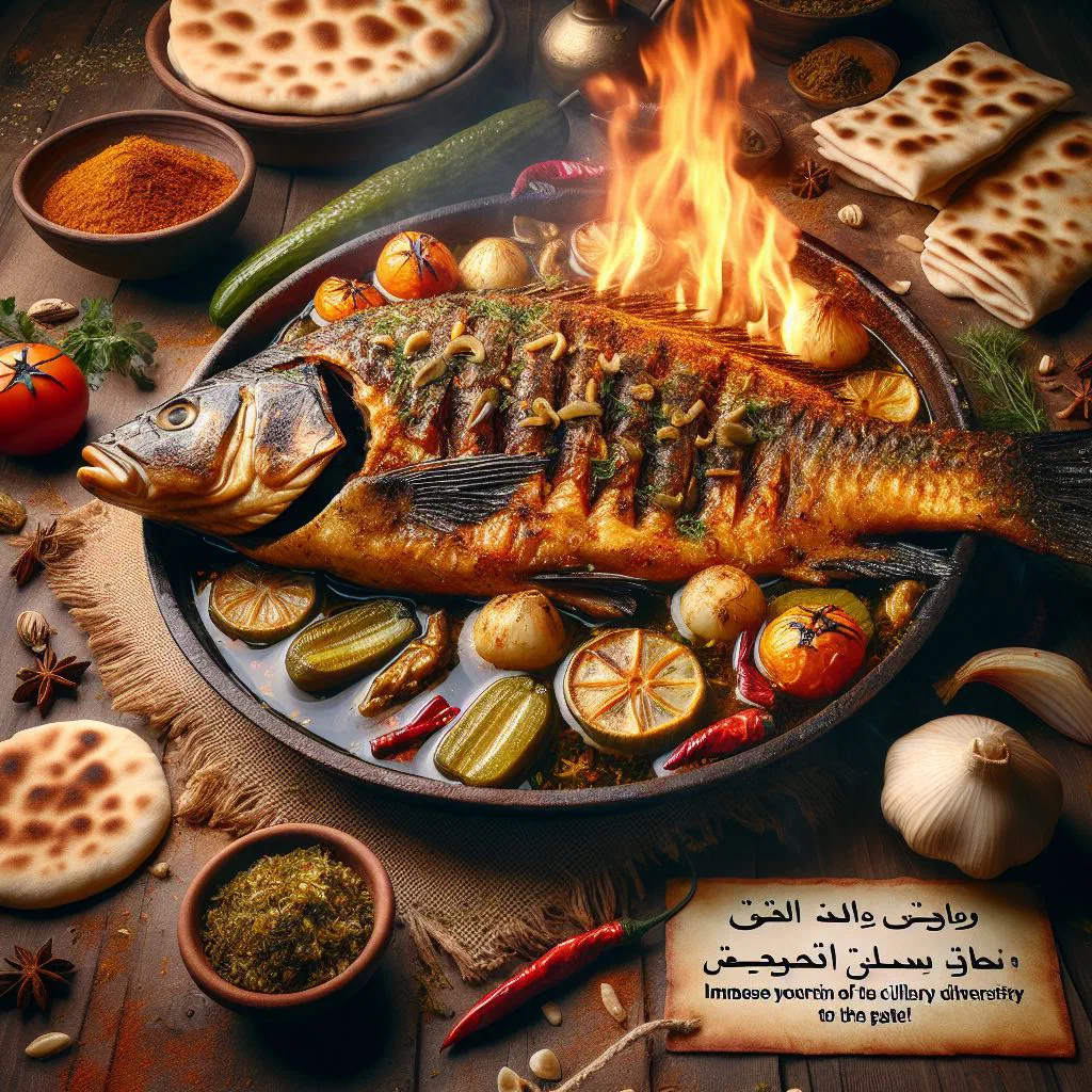 Split grilled carp Masgouf with tomatoes, onions and fresh parsley