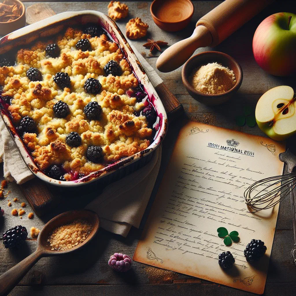 Warm apple and blackberry crumble with a golden crumble topping