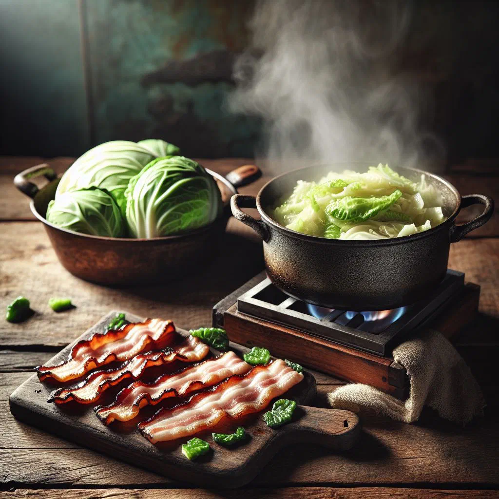 Sliced cured bacon served with tender boiled cabbage and onion