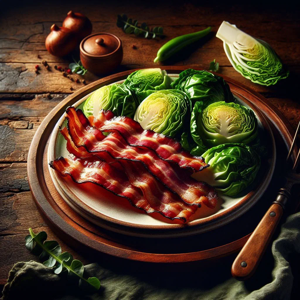 Sliced cured bacon with tender cabbage and potatoes on a plate