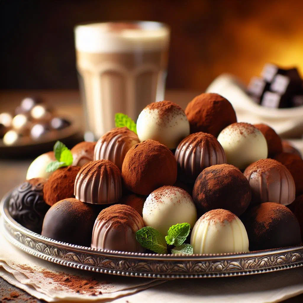 Baileys Irish cream truffles dusted with cocoa powder on a plate