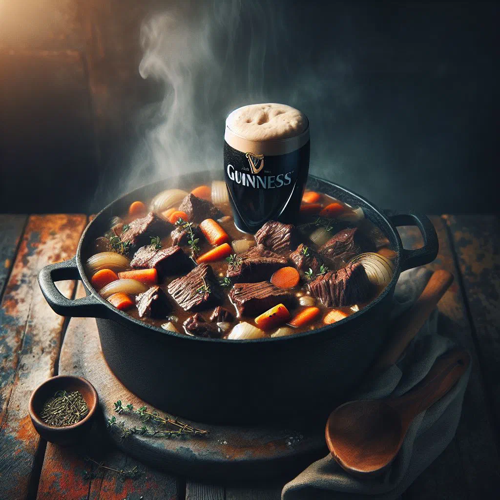 Hearty beef and Guinness casserole with carrots and mushrooms in a rich dark gravy