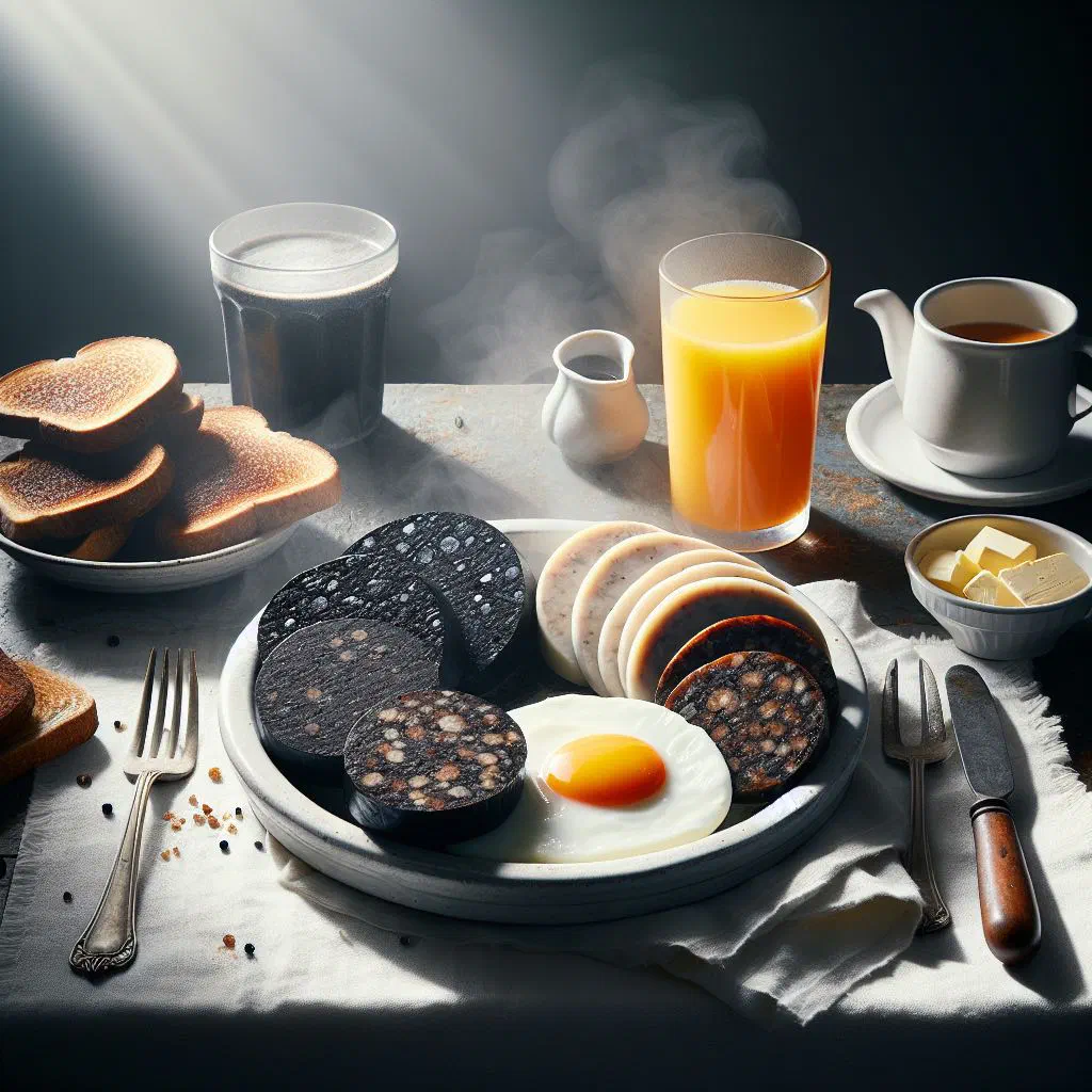 Plate of Irish breakfast with sliced black and white pudding, eggs, tomatoes and bread