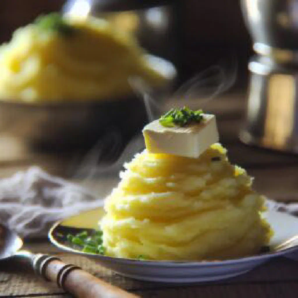 Creamy mashed potato champ topped with chopped chives and melting butter