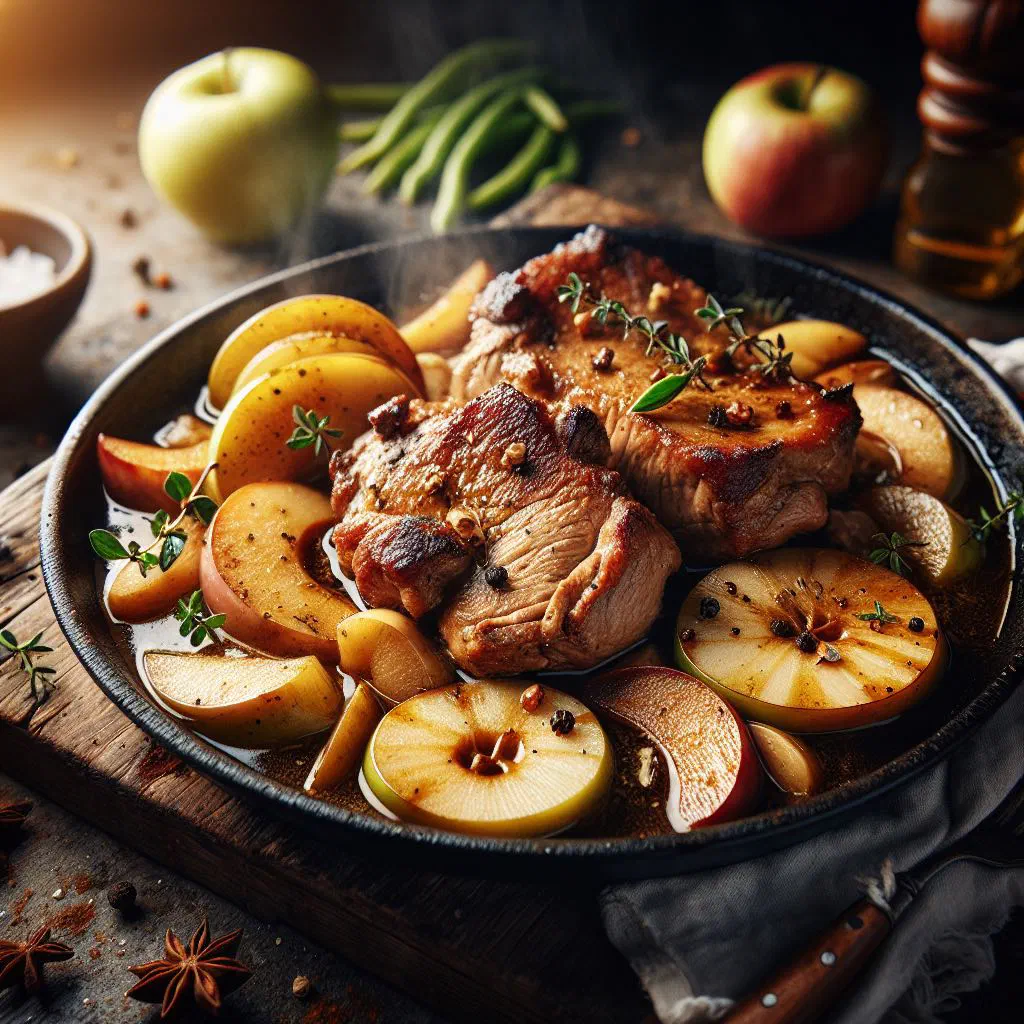Cider-braised pork with apples and onions, garnished with fresh parsley