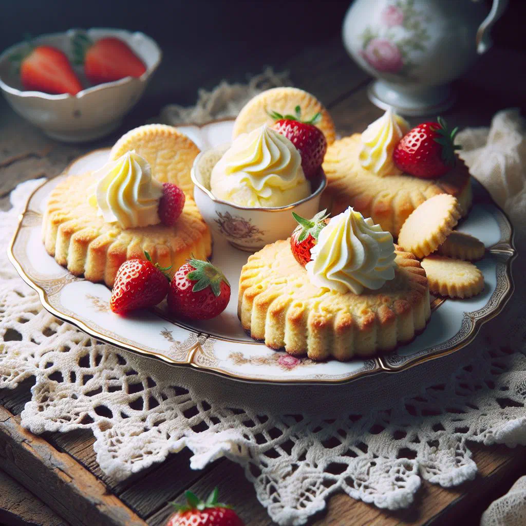 Golden clotted cream shortbread biscuits on a wooden board