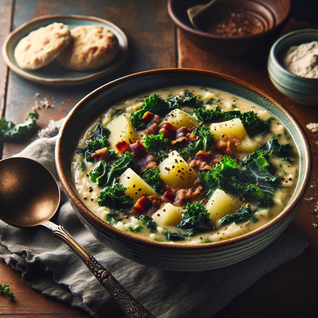 Bowl of creamy Irish colcannon soup garnished with spring onions