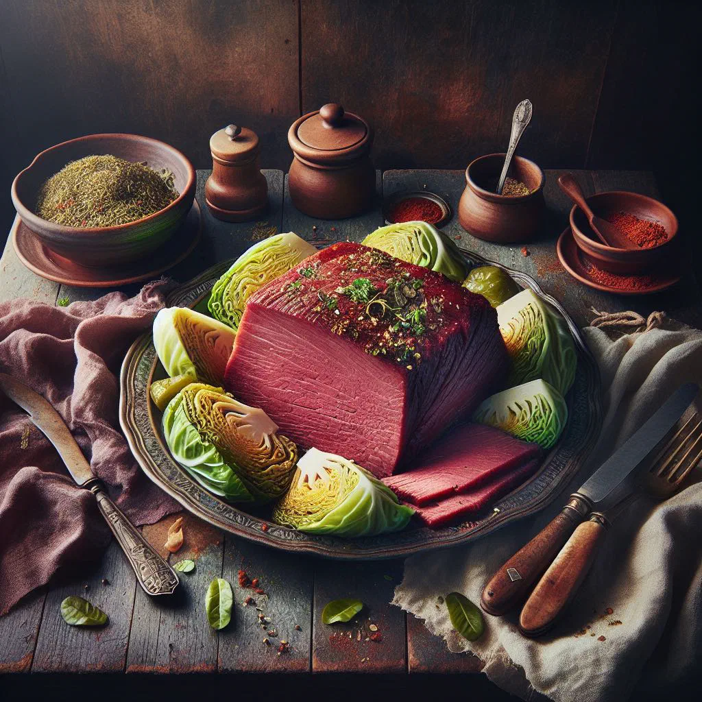 Sliced corned beef with steamed cabbage, carrots and potatoes on a platter
