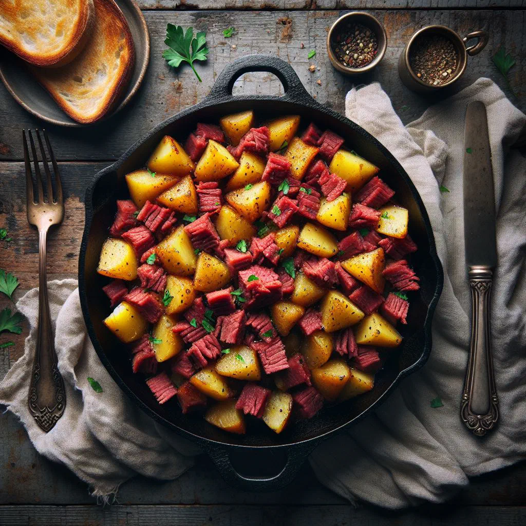 Golden corned beef hash with diced potatoes and onions in a pan
