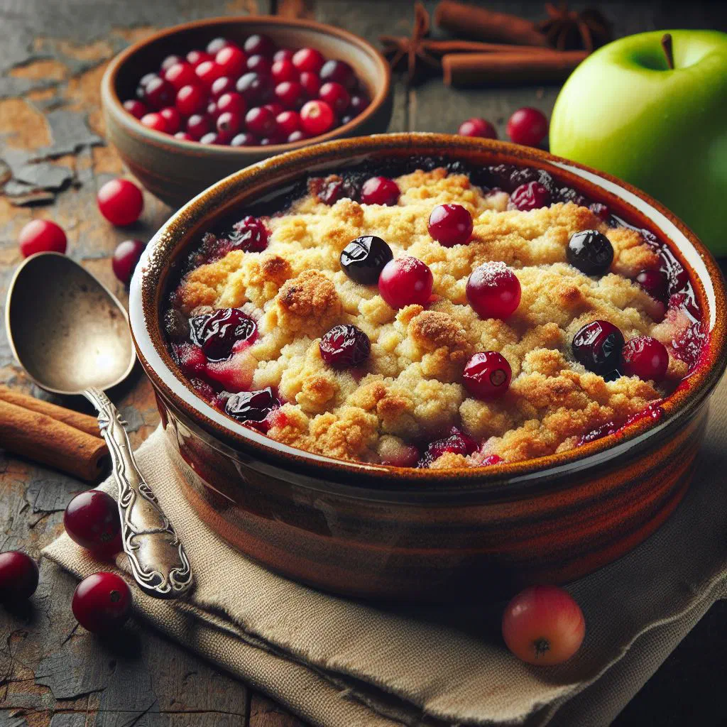 Cranberry and apple crumble with a golden oat topping in a baking dish