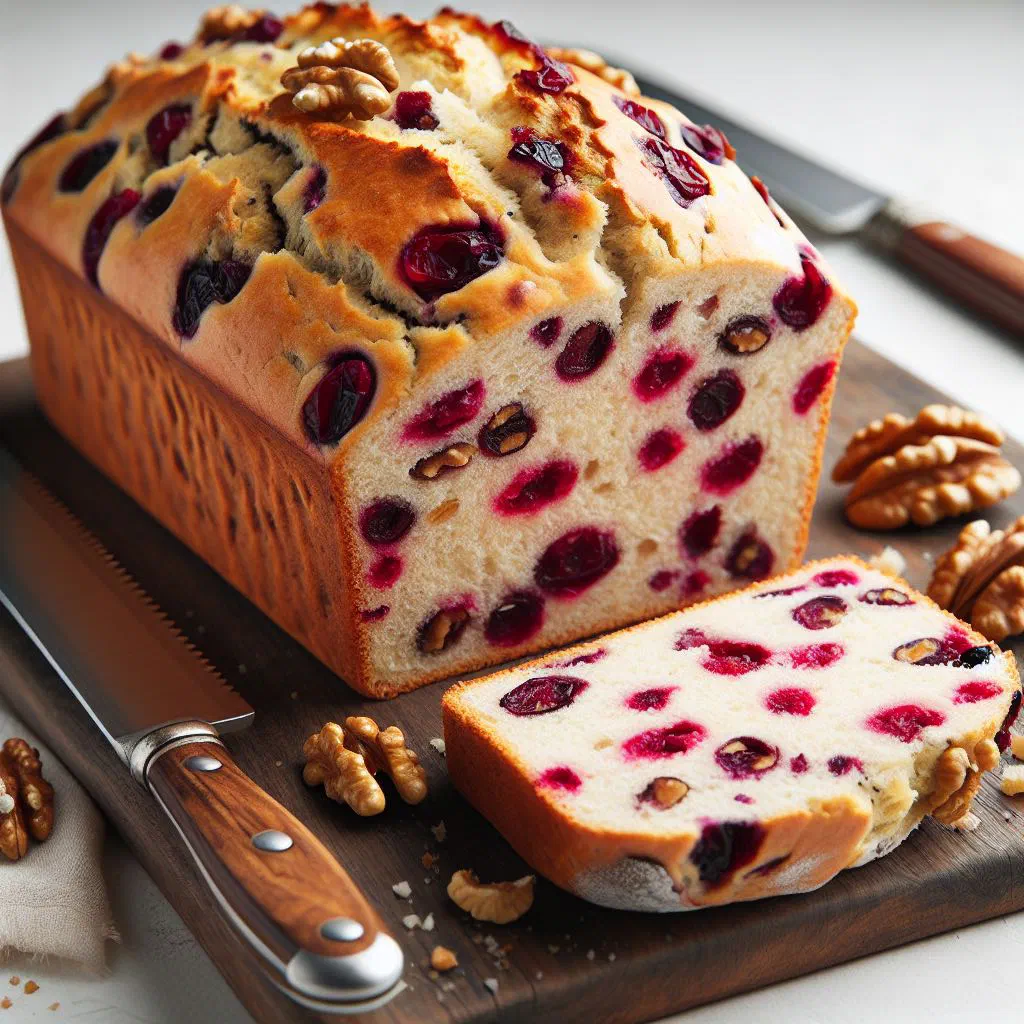 Round cranberry and walnut soda bread with a cross scored on top, sliced and served with butter