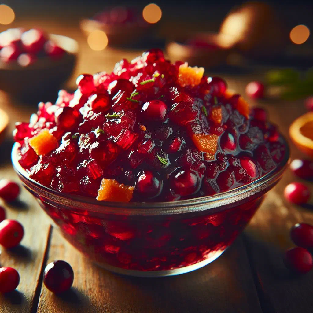 A bowl of glossy red cranberry relish flecked with apple and spices