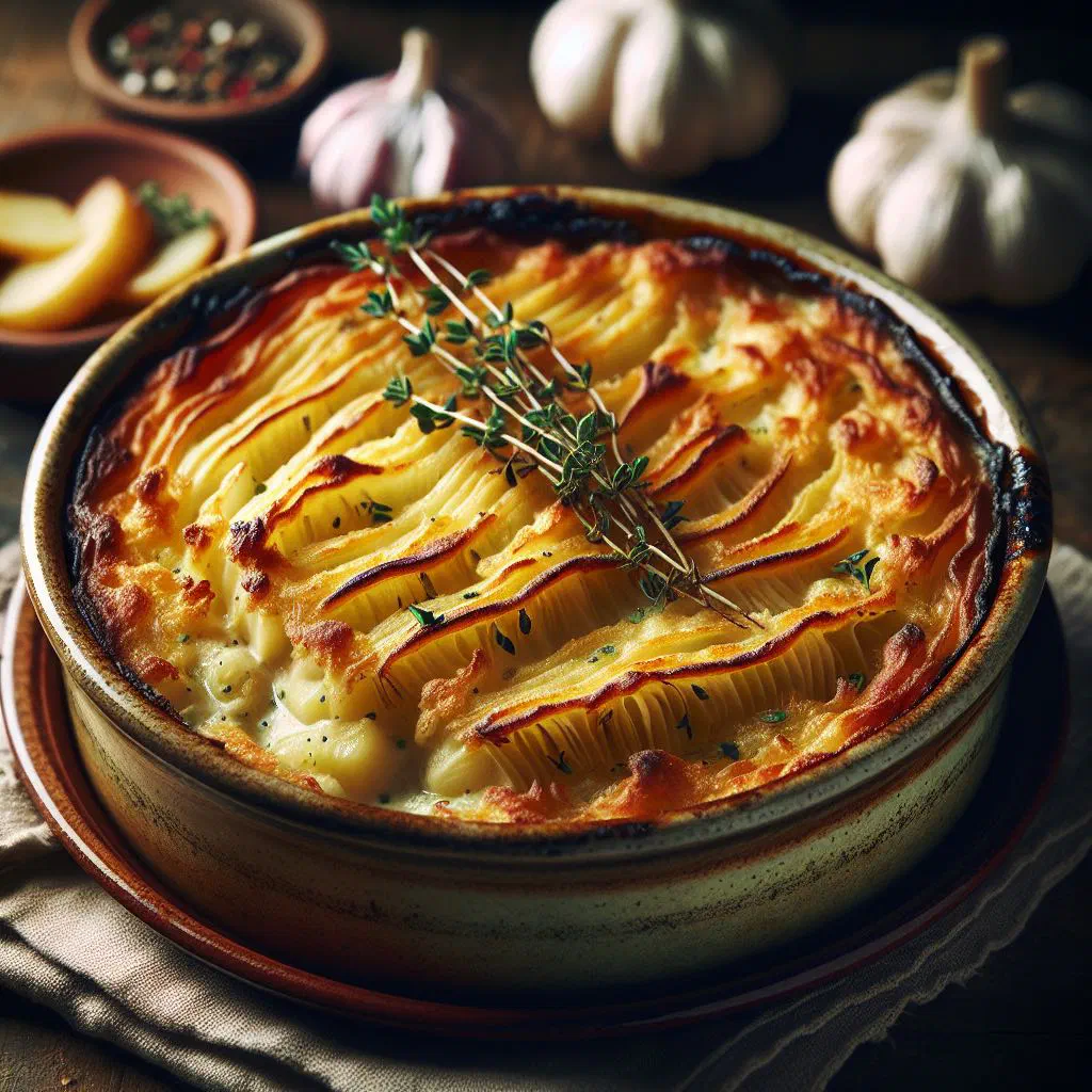 Golden, bubbling potato gratin baked in a dish with a cheese crust