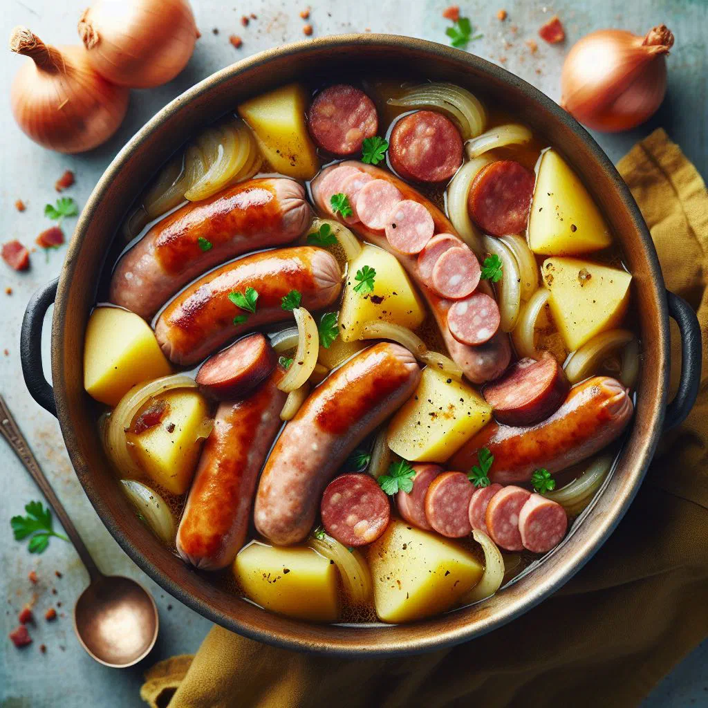 Dublin coddle with sausages, bacon, onions and potatoes in a rustic bowl