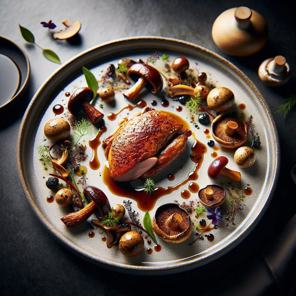 Slow-cooked duck legs with sautéed mushrooms and fresh thyme