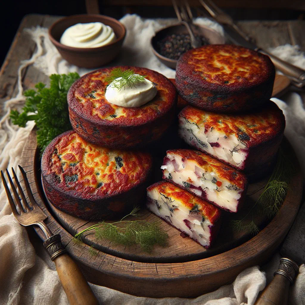 Golden dulse and potato cakes on a rustic wooden board