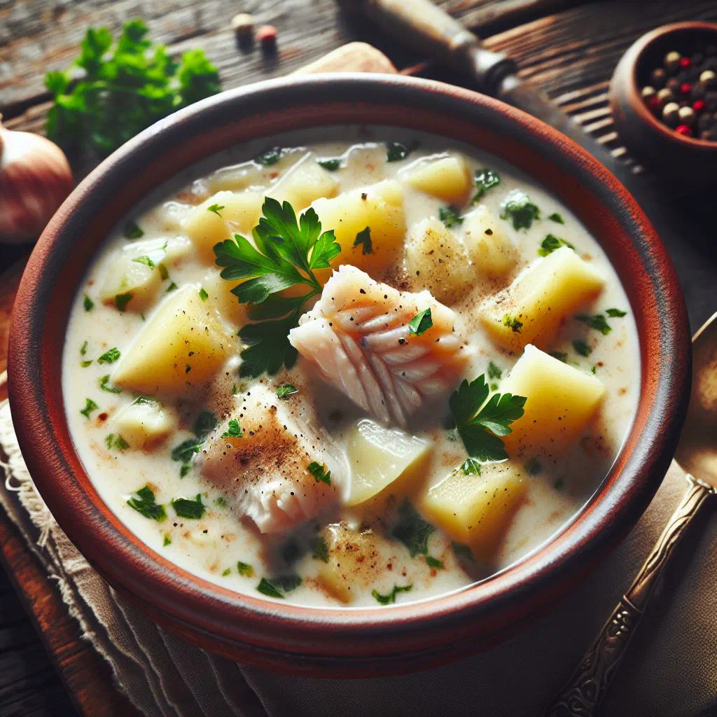 Creamy fish and potato chowder garnished with fresh herbs in a deep bowl