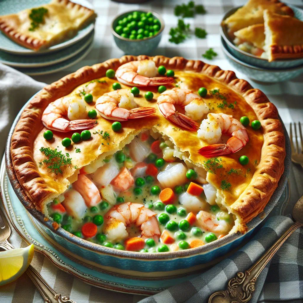 Golden-topped fish pie with creamy seafood filling under a mashed potato crust