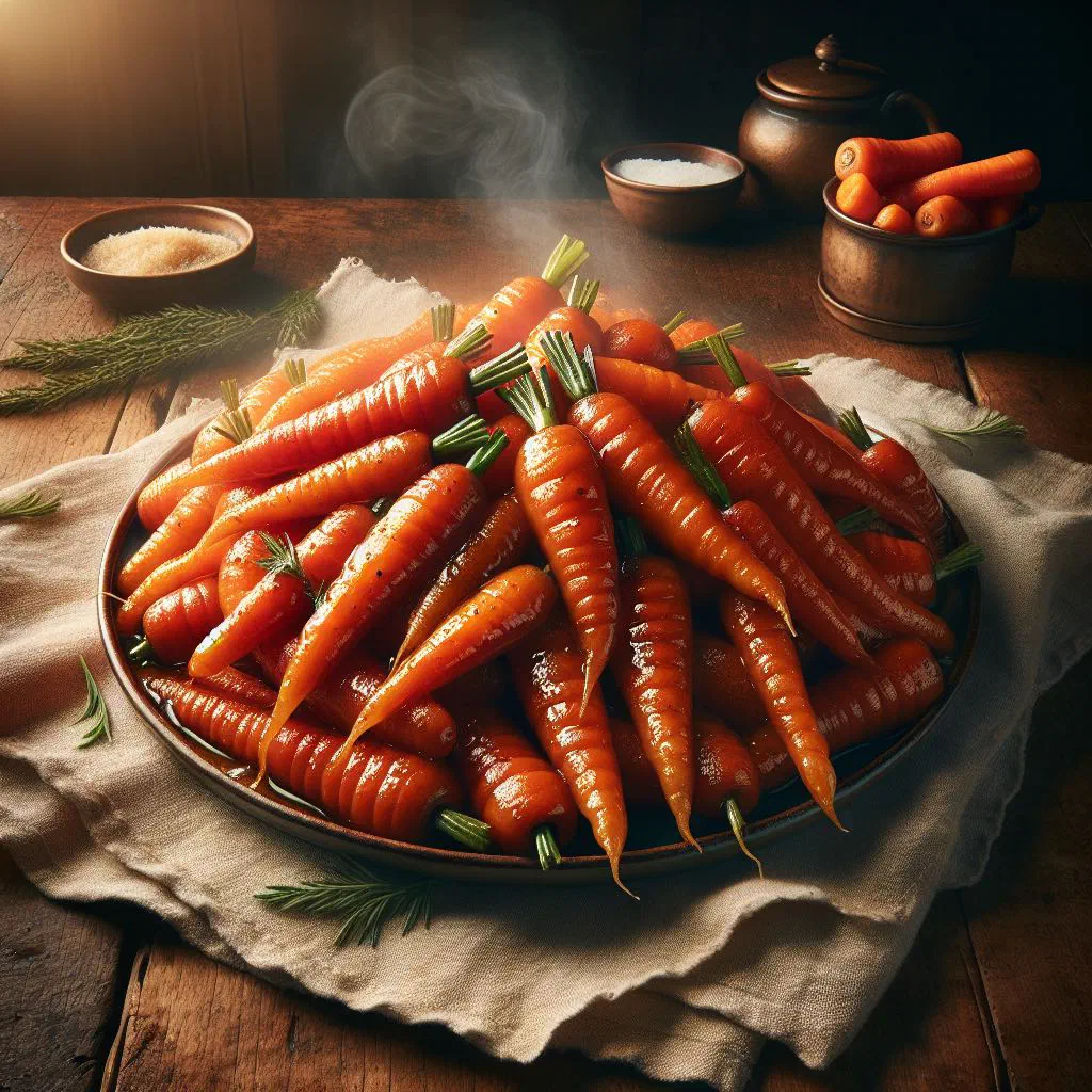 Glossy butter-glazed carrots garnished with fresh herbs on a plate