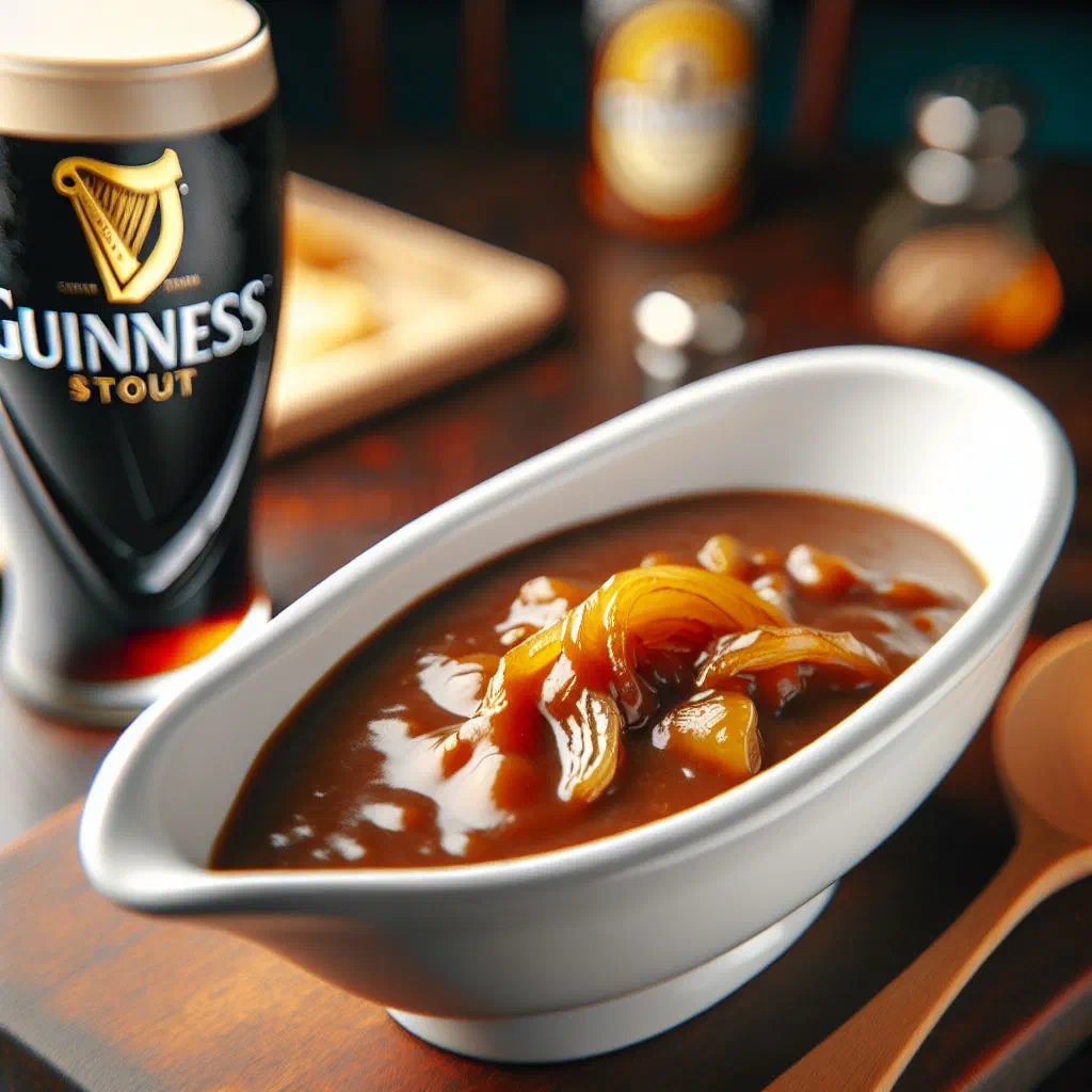 Rich Guinness and onion gravy poured over meat with caramelised onions