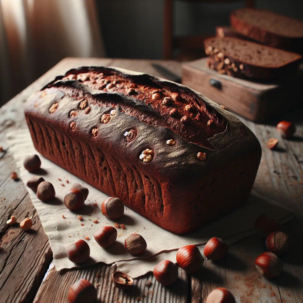 Sliced hazelnut brown bread on a wooden board with butter