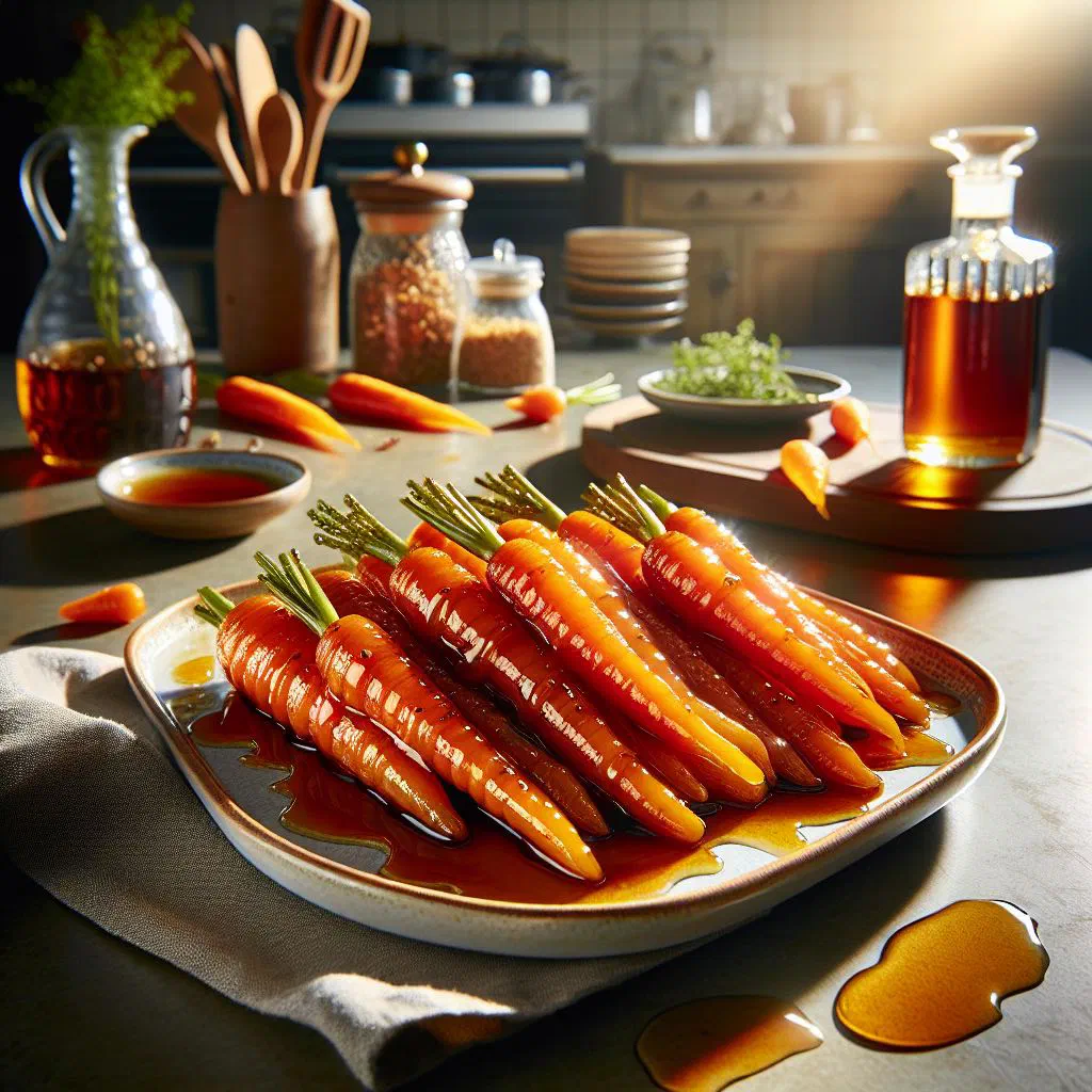 Glazed carrot batons with thyme in a glossy honey and whiskey sauce