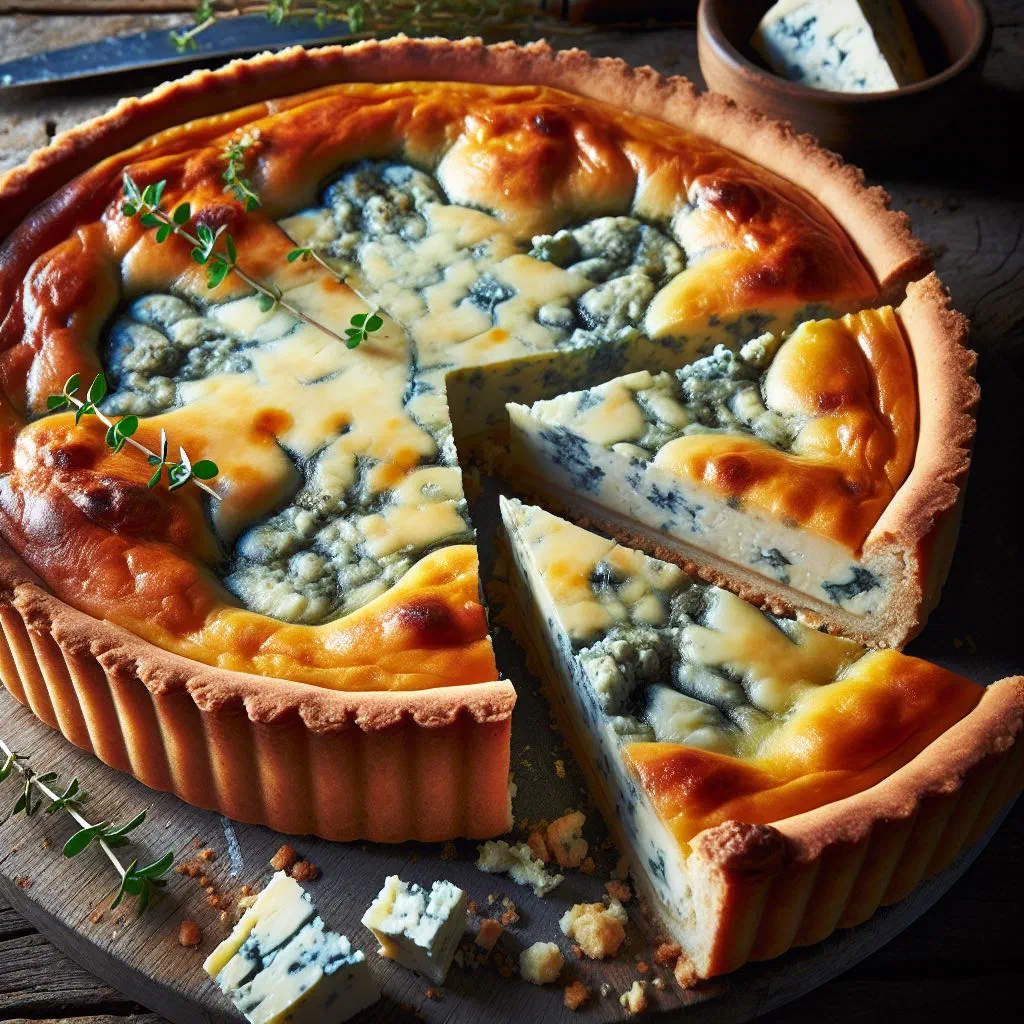 Golden Irish blue cheese tart garnished with fresh herbs