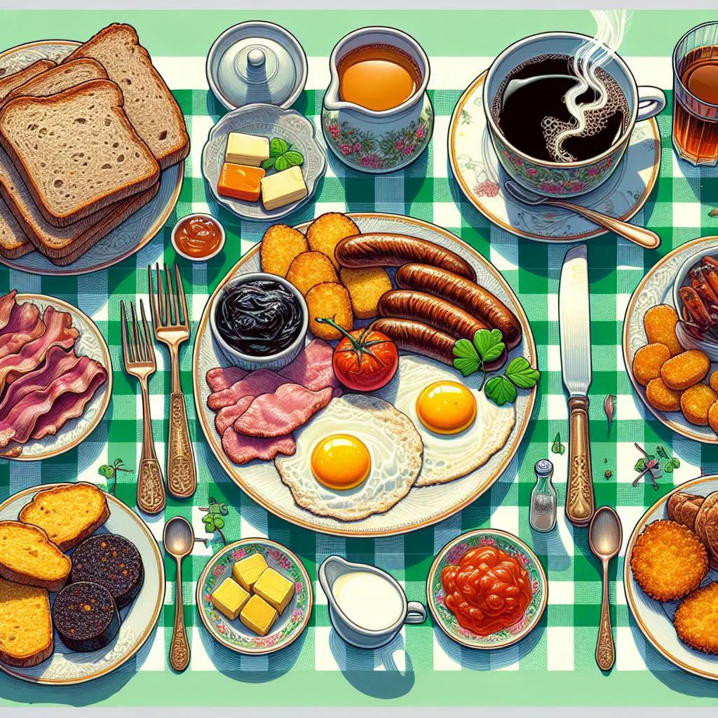 Full Irish breakfast with bacon, sausages, black and white pudding, eggs and grilled tomatoes