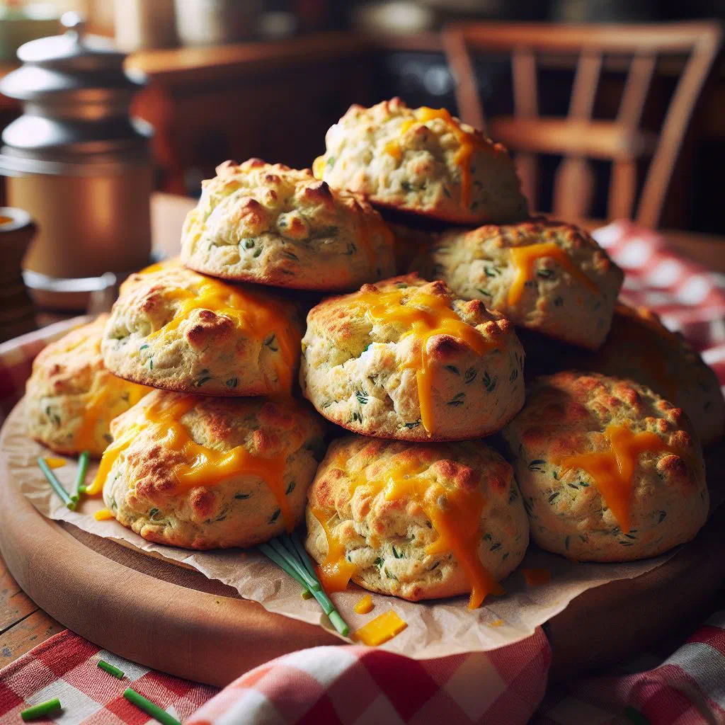 Golden cheddar and chive scones fresh from the oven on a serving plate