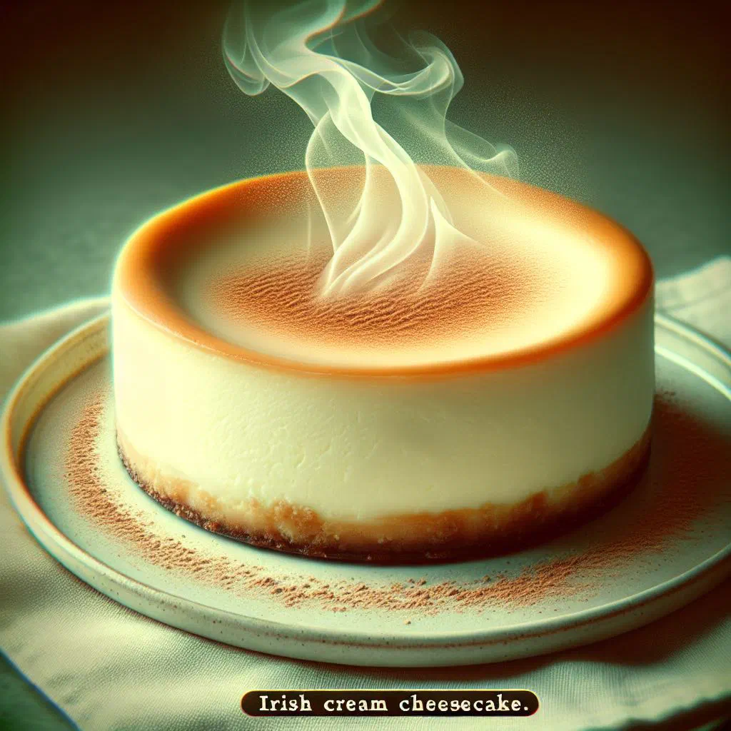 Slice of creamy Irish Cream cheesecake on a biscuit base