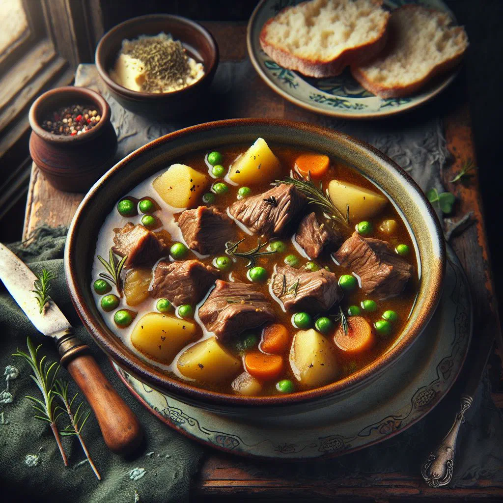 A hearty bowl of Irish lamb stew with tender lamb, potatoes and carrots