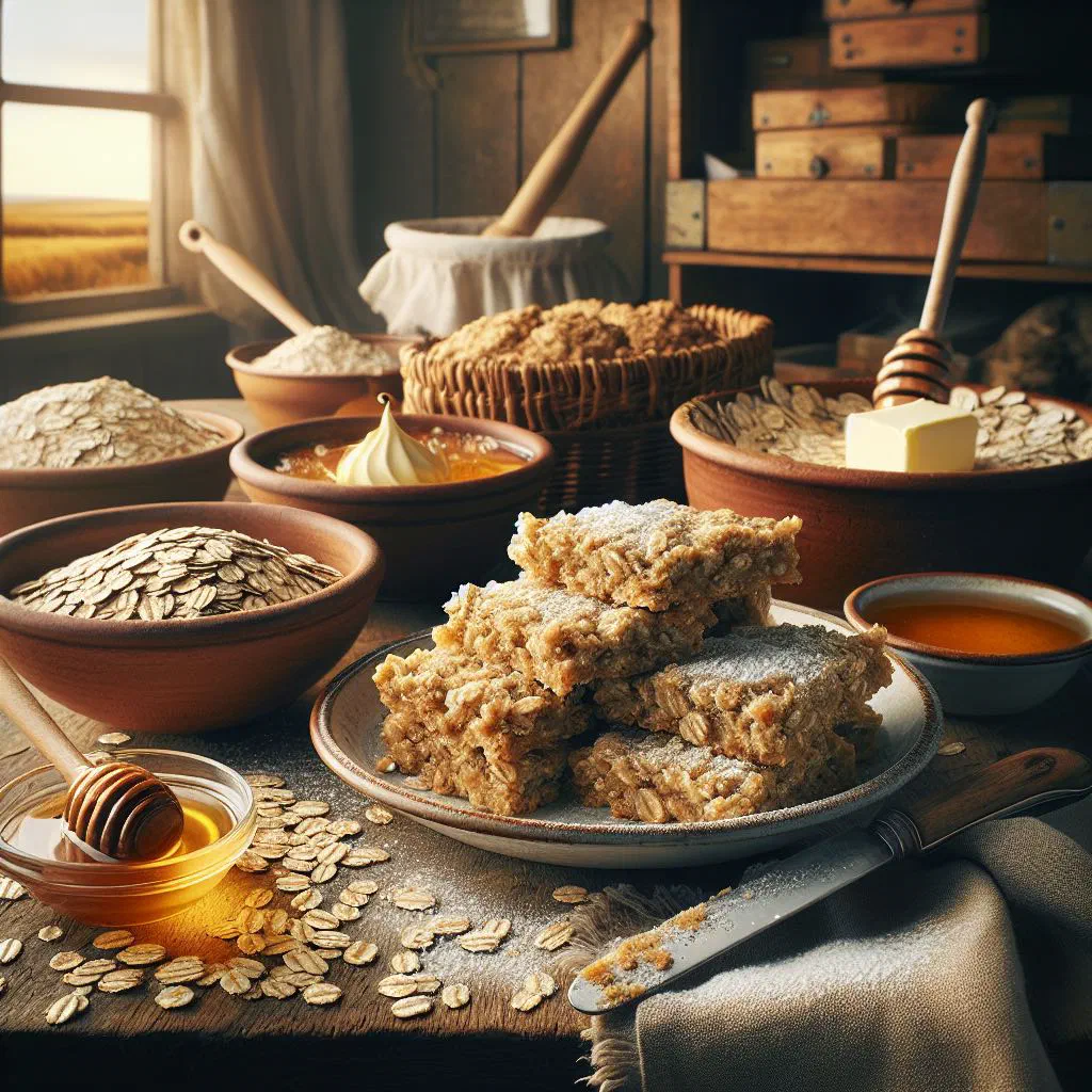 Golden Irish oat flapjacks cut into squares on a wooden board