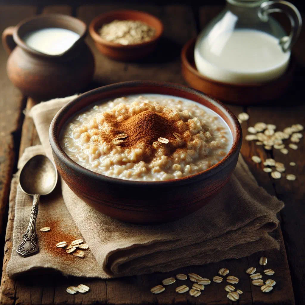 A warm bowl of Irish oatmeal porridge topped with fresh berries and nuts
