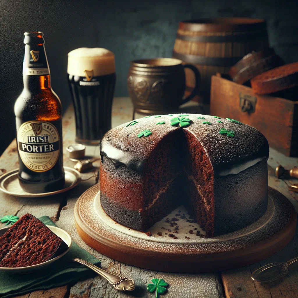 A slice of dark Irish porter cake studded with dried fruit