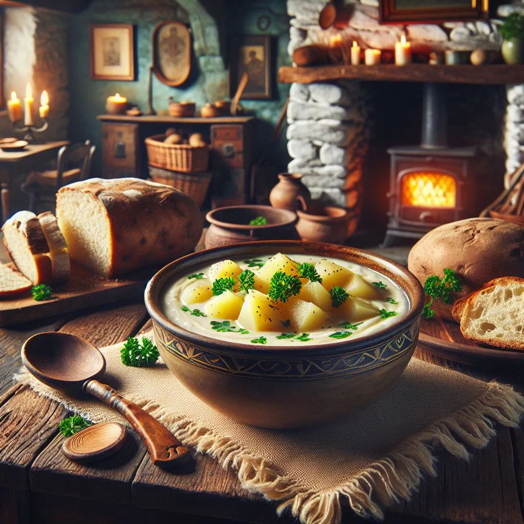 A bowl of creamy Irish potato soup garnished with fresh herbs