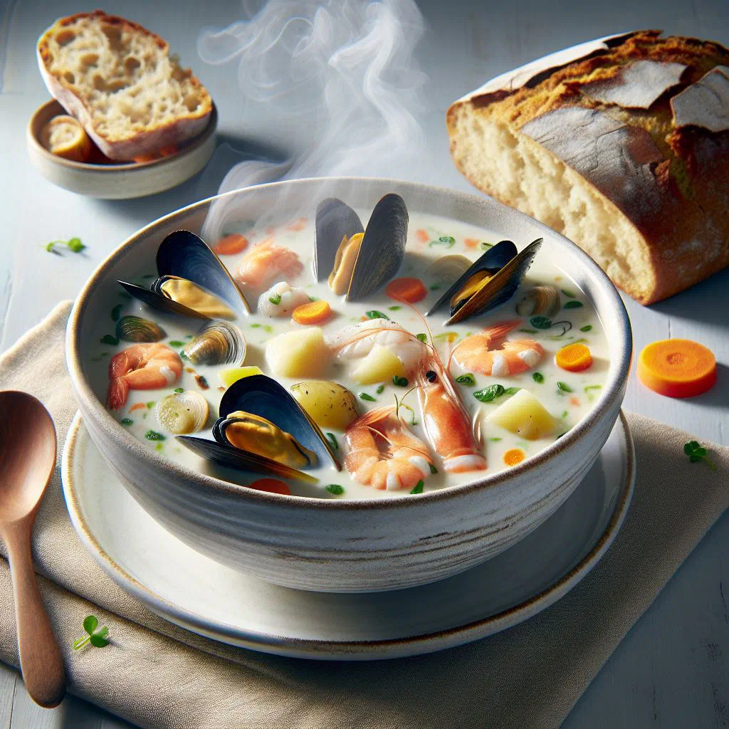 Bowl of creamy Irish seafood chowder garnished with fresh dill