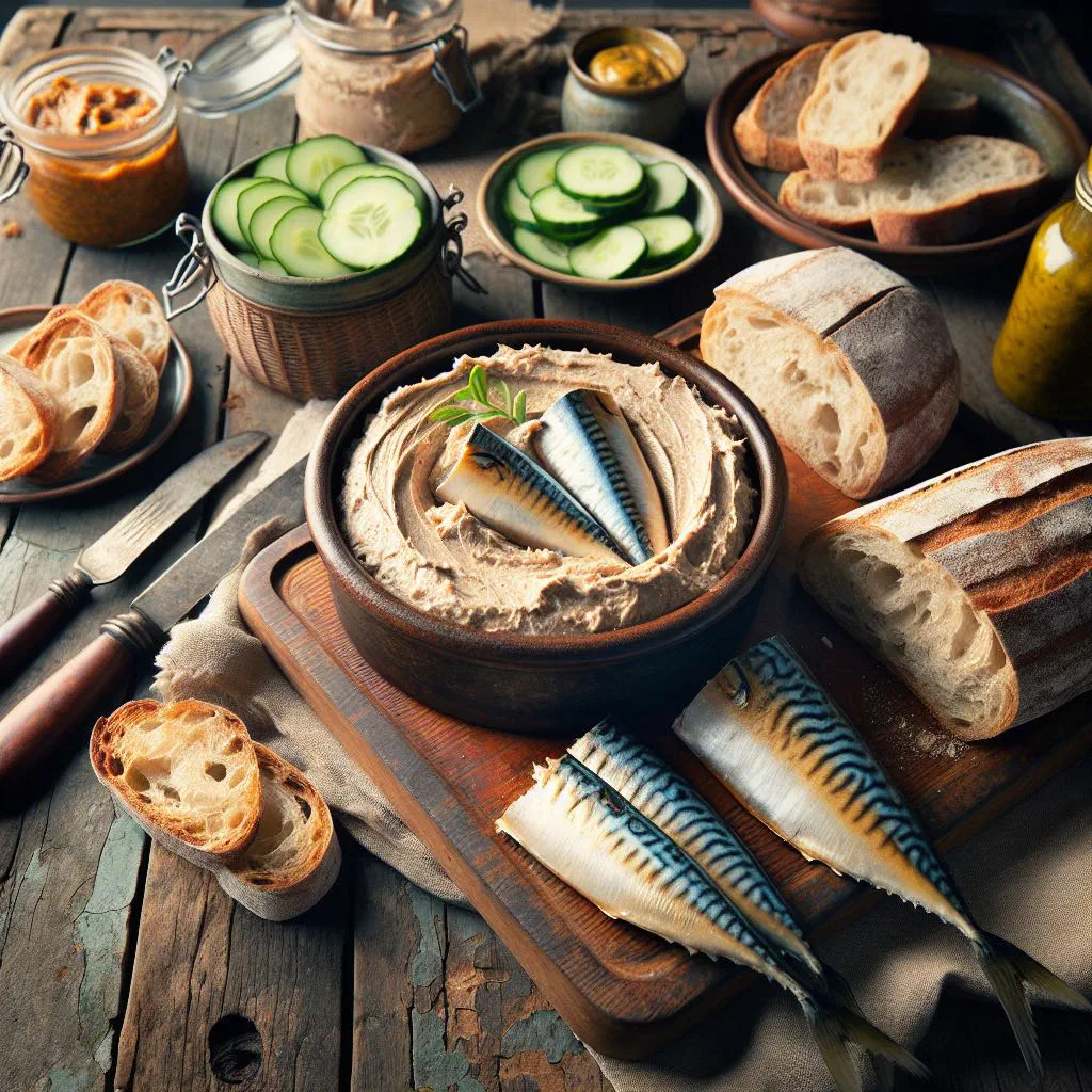 Bowl of smoked mackerel pâté topped with fresh dill, served with crusty bread
