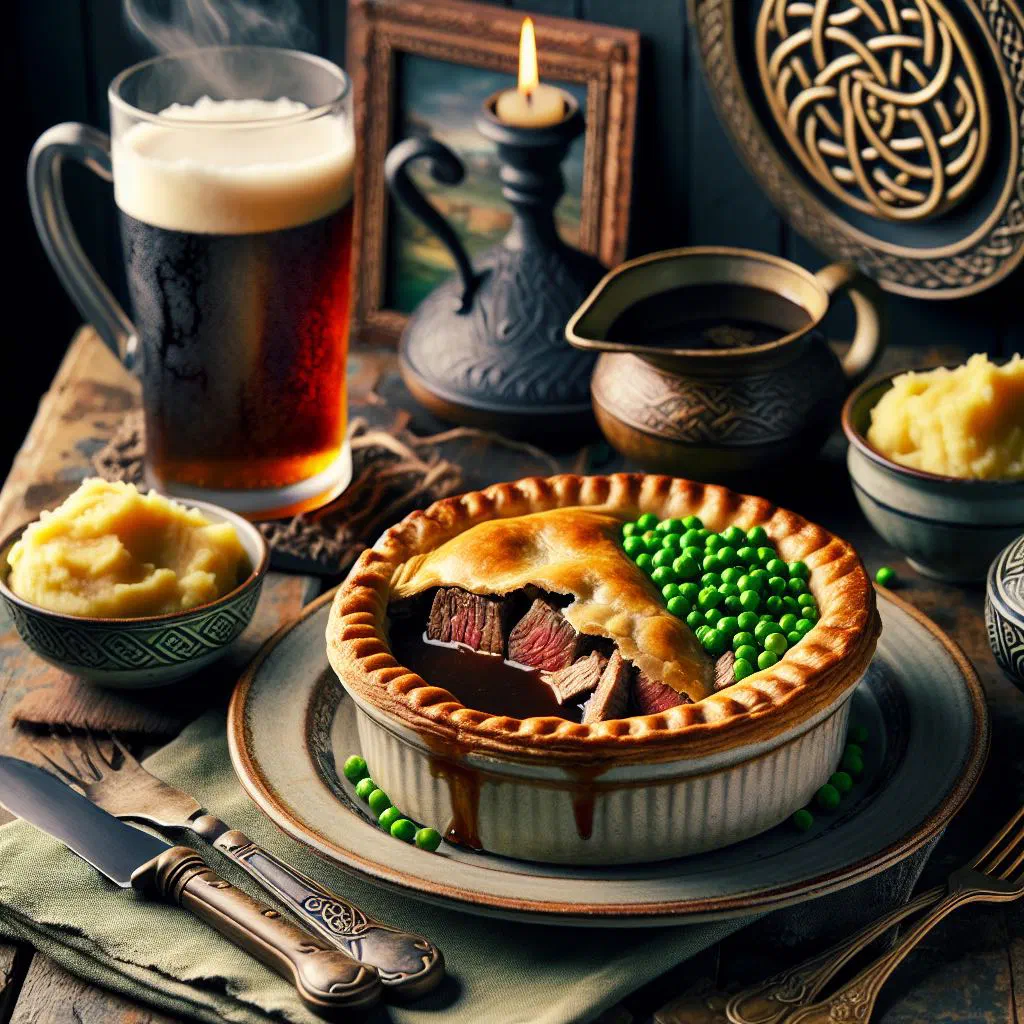Irish steak and ale pie with golden puff pastry and rich beef filling