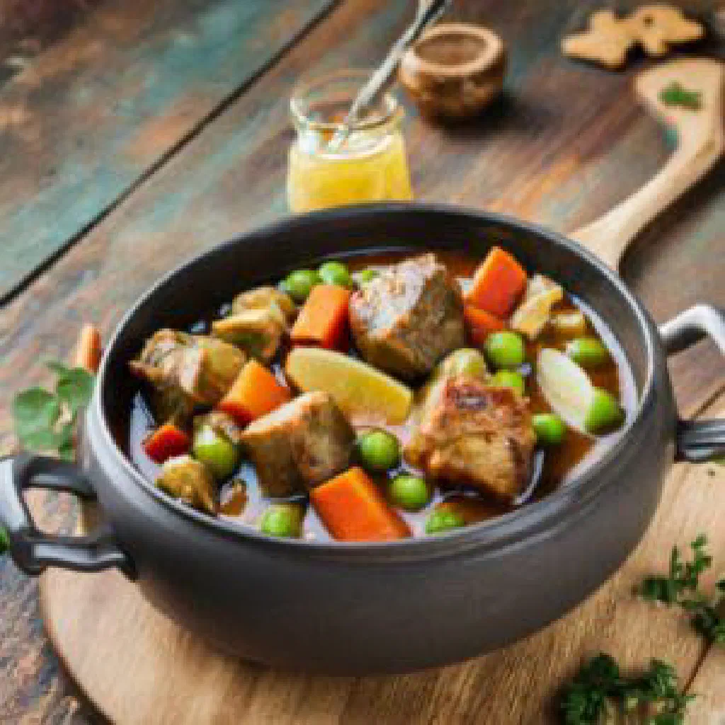 A bowl of hearty Irish stew with tender lamb, potatoes and carrots